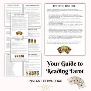May include: A collection of instructional pages titled Your Guide to Reading Tarot, featuring sections on setting intentions, meditation, and card spreads. The documents include text and small images of tarot cards, with a fan of cards at the bottom.