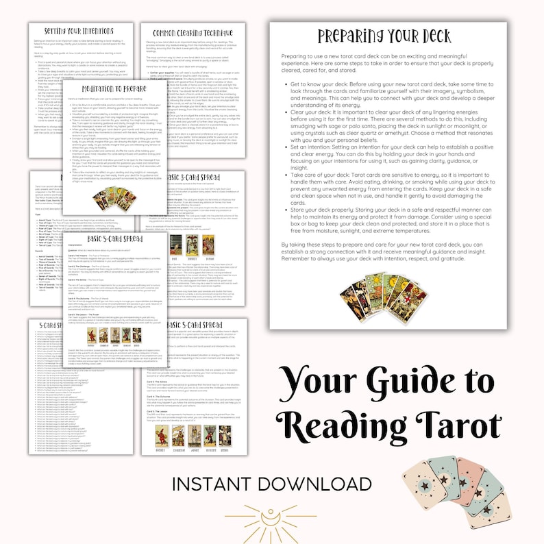 May include: A collection of instructional pages titled Your Guide to Reading Tarot, featuring sections on setting intentions, meditation, and card spreads. The documents include text and small images of tarot cards, with a fan of cards at the bottom.