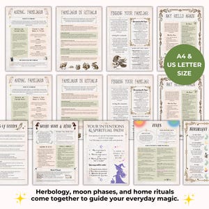 May include: A collection of printed pages with text and illustrations, featuring titles like "Animal Familiars" and "Familiar in Rituals." The pages have a vintage aesthetic with decorative borders and a green circle indicating A4 & US Letter size. The text at the bottom reads: Herbology, moon phases, and home rituals come together to guide your everyday magic.