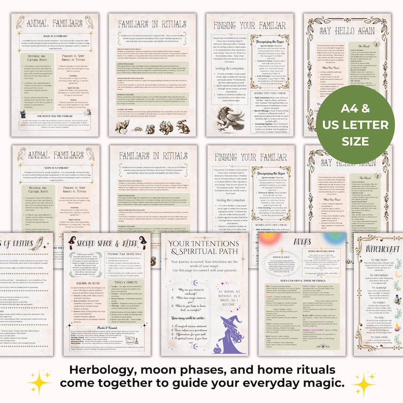 May include: A collection of printed pages with text and illustrations, featuring titles like "Animal Familiars" and "Familiar in Rituals." The pages have a vintage aesthetic with decorative borders and a green circle indicating A4 & US Letter size. The text at the bottom reads: Herbology, moon phases, and home rituals come together to guide your everyday magic.