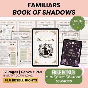 May include: Digital download featuring a "Familiars Book of Shadows" with a black cat illustration, pumpkins, and bats. Includes a bonus 2026 Witchy Workbook. The image also shows various pages with text and illustrations.