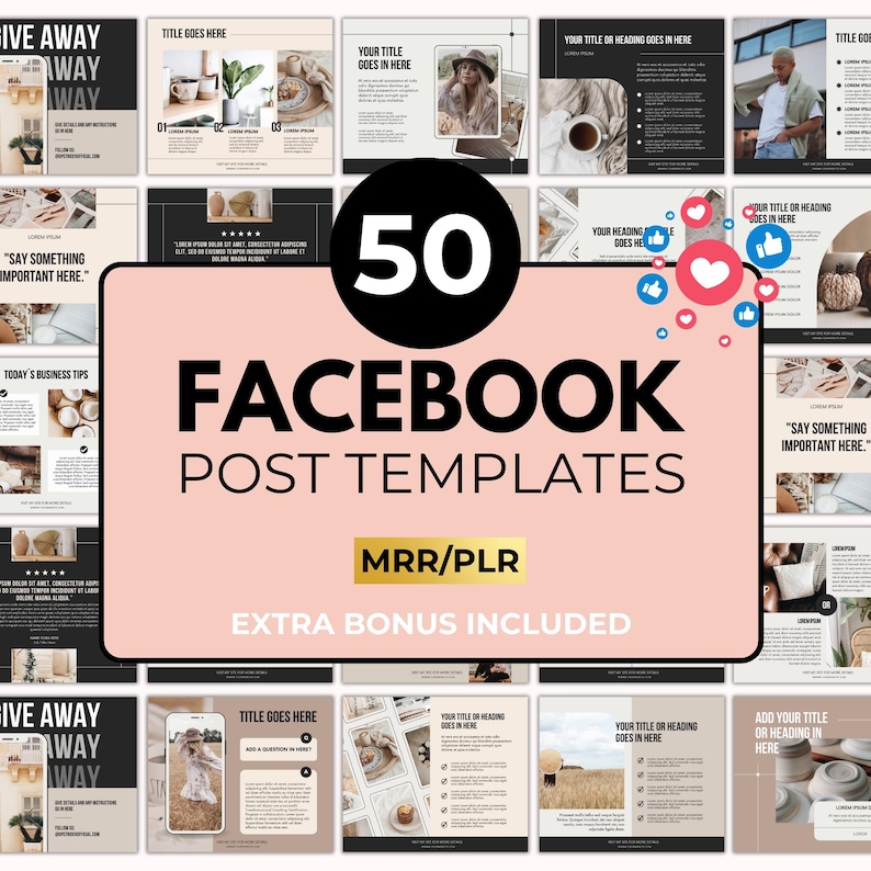 Peut inclure: Image pr&eacute;sentant 50 mod&egrave;les de publications Facebook. Le texte "FACEBOOK POST TEMPLATES" est mis en &eacute;vidence sur un fond rose, avec "MRR/PLR" et "EXTRA BONUS INCLUDED". L'image comprend diverses mises en page.