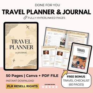 Verlinkter Reiseplaner Journal, Urlaubstagebuch, Urlaubs Organizer, Road Trip, Reise Checkliste, Canva+PDF, PLR Resell Rechte