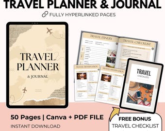 Agenda de viaje con hipervínculos, organizador de vacaciones, lista de verificación de viaje, Canva + PDF, derechos de reventa PLR.