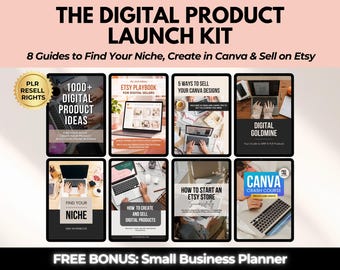PLR Digital Products Bundle, 8 Ebooks: 1000+ Ideas, Canva Course, Etsy Shop Guides & Planner