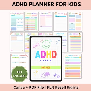 Planificador de TDAH para niños con derechos de reventa PLR, función ejecutiva infantil, cuadro de comportamiento, lista de verificación de rutina, recompensa, Canva + PDF