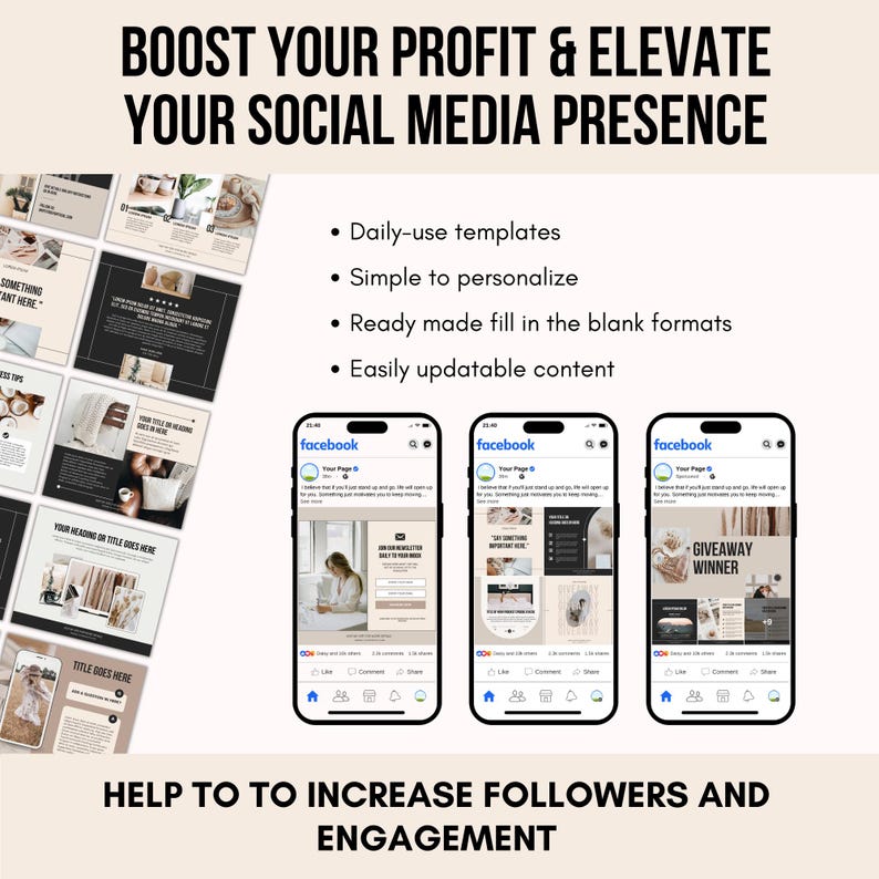 Peut inclure: Image publicitaire pour des mod&egrave;les de m&eacute;dias sociaux. Le texte indique &laquo; BOOST YOUR PROFIT & ELEVATE YOUR SOCIAL MEDIA PRESENCE &raquo; et &laquo; HELP TO TO INCREASE FOLLOWERS AND ENGAGEMENT &raquo;. L'image montre des mod&egrave;les sur un ordinateur portable et trois smartphones.