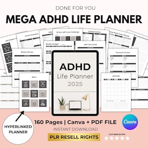 Mega ADHD Planner Bundle with PLR Resell Rights, ADHD Digital Hyperlinked Planner, Adult adhd Planner, Neurodivergent-Friendly Daily, Canva