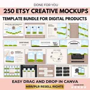 Puede incluir: Un paquete de plantillas de maquetas de productos digitales para vendedores de Etsy. El paquete incluye 250 maquetas personalizables con un esquema de color verde y marrón. El texto "250 Etsy Creative Mockups" se muestra en un cuadro rosa en la parte superior de la imagen. El texto "Template Bundle for Digital Products" se muestra en un cuadro rosa debajo del primer texto. El texto "Easy Drag and Drop in Canva" se muestra en un cuadro marrón en la parte inferior de la imagen. El texto "MRR/PLR Resell Rights" se muestra en un cuadro marrón debajo del texto anterior. El texto "Customer Review" se muestra en un cuadro marrón debajo del texto anterior. Cinco estrellas se muestran junto al texto "Customer Review".