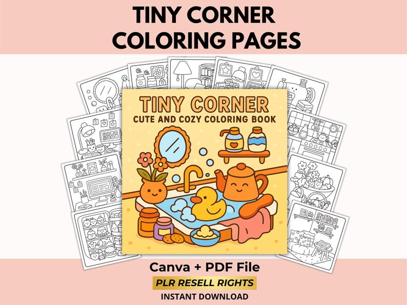 Pode incluir: Uma cole&ccedil;&atilde;o de p&aacute;ginas para colorir com o t&iacute;tulo "Tiny Corner Coloring Pages". A capa do livro para colorir apresenta uma cena de banheiro fofa com um pato em uma banheira. O texto "Cute and Cozy Coloring Book" tamb&eacute;m &eacute; vis&iacute;vel.