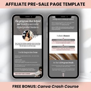 Peut inclure: Deux smartphones affichent un mod&egrave;le de page de pr&eacute;-vente pour les produits num&eacute;riques. Les &eacute;crans montrent du texte sur le lancement d'une entreprise de produits num&eacute;riques, des bonus exclusifs et un cours intensif Canva.