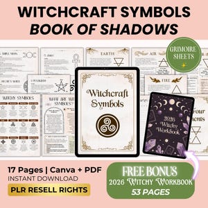 May include: A digital download featuring a collection of witchcraft symbols and a 2026 witchy workbook. The image displays various pages with symbols, text, and graphics. The text includes "Witchcraft Symbols" and "Book of Shadows."