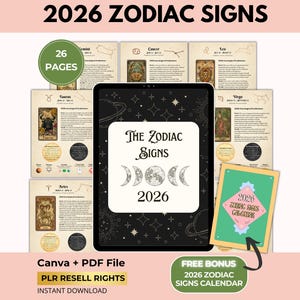 Può includere: Un prodotto digitale con un tablet nero che mostra "The Zodiac Signs 2026" con un design celeste. Include 26 pagine di previsioni astrologiche, un calendario bonus e il testo "Canva + PDF File, PLR Resell Rights, Instant Download."
