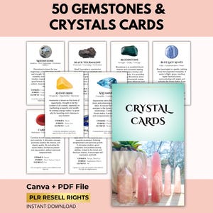 Op de afbeelding: Afbeelding van 50 Edelstenen & Kristallen Kaarten met gedetailleerde informatie. De afbeelding toont verschillende edelstenen, waaronder Maansteen en Zwarte Toermalijn. De tekst "Crystal Cards" is ook zichtbaar. Beschikbaar als Canva + PDF-bestand.