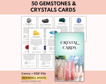 May include: A collection of 50 Gemstones & Crystals Cards. The cards feature various gemstones with their properties, and a separate card with the text "CRYSTAL CARDS". The image also includes a variety of pink crystals.