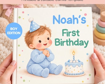Personalized First Birthday Book for Boys, Custom Name, Canva Template, 6 Character Options, Baby Boy 1st Birthday Gift, PLR Resell Rights