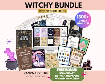 Witchy Bundle 2026/2027, Grimoire, Tarot, Zodiac & Moon Phases Calendars, Planners, Digital Download, Canva + PDF, PLR Resell Rights