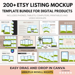 Könnte beinhalten: Ein Bundle mit digitalen Produkt-Mockup-Vorlagen für Etsy-Listings. Das Bundle enthält über 200 Vorlagen für Smartphones, Tablets, Computer, Druckvorlagen und Video-Mockups. Die Vorlagen zeigen eine grüne und braune Landschaft mit blauem Himmel und weißen Wolken. Der Text "EASY DRAG AND DROP IN CANVA" und "MRR/PLR RESELL RIGHTS" wird am unteren Rand des Bildes angezeigt.