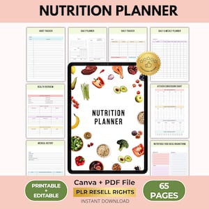 May include: A digital nutrition planner with a black tablet displaying the title "Nutrition Planner" surrounded by colorful fruits and vegetables. The image includes various planner pages, and text that reads "Printable + Editable" and "65 Pages".