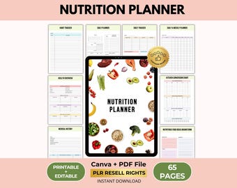 Nutrition Planner, Meal Journal, Calorie Tracker, Grocery List, Canva + PDF, PLR Resell Rights
