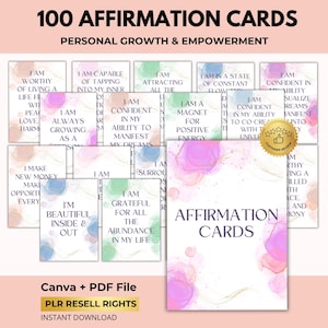 100 tarjetas de afirmaciones positivas para crecimiento y empoderamiento personal (Canva + PDF, derechos de reventa PLR)