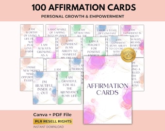 100 Positive Affirmations Karten, Persönliches Wachstum & Empowerment, Canva + PDF, PLR Resell Rechte