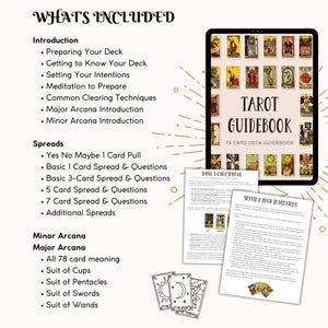 May include: A digital tablet displaying a Tarot Guidebook cover with 78 cards, alongside two printed pages titled Basic 3-Card Spread and Setting Your Intentions, and three black and white line art tarot cards at the bottom with text lists.