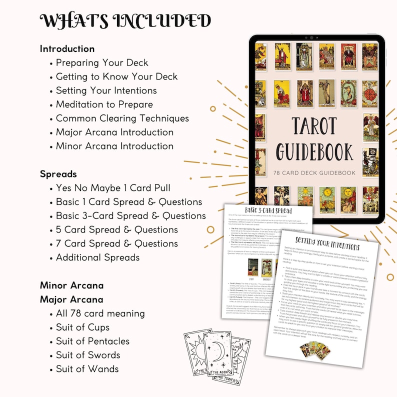 May include: A digital tablet displaying a Tarot Guidebook cover with 78 cards, alongside two printed pages titled Basic 3-Card Spread and Setting Your Intentions, and three black and white line art tarot cards at the bottom with text lists.