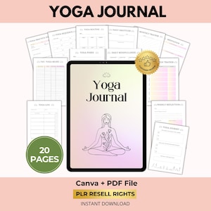 Diario de yoga con derechos de reventa PLR, planificador de mindfulness, descarga digital, Canva + PDF