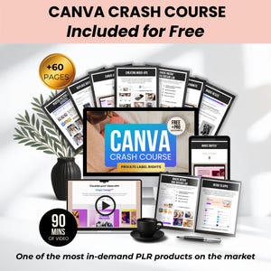 Peut inclure: Image promotionnelle pour un cours intensif Canva, avec un &eacute;cran d'ordinateur, une tablette et un smartphone affichant le contenu du cours. L'image comprend le texte "CANVA CRASH COURSE" et "Included for Free". Le texte suppl&eacute;mentaire indique "+60 PAGES" et "90 MINS OF VIDEO".
