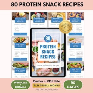 Libro electrónico con 80 recetas de snacks proteicos, guía de proteínas bajas en carbohidratos, Canva + PDF, derechos de reventa PLR.