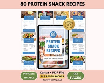 80 Protein Snack Rezepte Ebook, Low Carb Protein Ratgeber, Canva + PDF, PLR Resell Right
