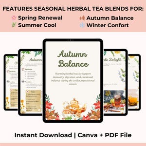 Pode incluir: Download digital com misturas de ch&aacute; de ervas sazonais. A imagem mostra tablets com texto e ilustra&ccedil;&otilde;es, incluindo "Autumn Balance" e "Spring Renewal". O design incorpora folhas de outono e x&iacute;caras de ch&aacute;.