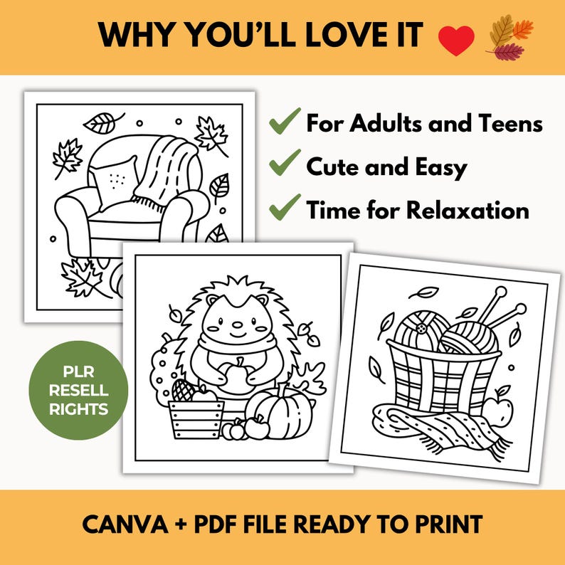 Op de afbeelding: Zwart-wit illustraties van een gezellige fauteuil, een egel met een pompoen en een mand met garen. Tekst bevat "For Adults and Teens", "Cute and Easy" en "Time for Relaxation". De tekst "CANVA + PDF FILE READY TO PRINT" is ook opgenomen.