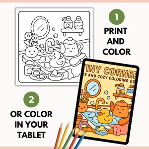 Pode incluir: Um livro de colorir digital com tema de casa de banho, apresentando uma banheira com um patinho de borracha, uma chaleira e outros artigos de banho. A imagem &eacute; mostrada em preto e branco e a cores num tablet. O texto diz "Imprimir e colorir" e "Ou colorir no seu tablet".