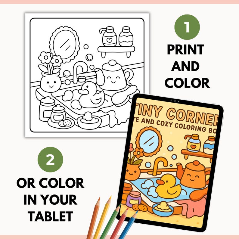Pode incluir: Um livro de colorir digital com tema de casa de banho, apresentando uma banheira com um patinho de borracha, uma chaleira e outros artigos de banho. A imagem &eacute; mostrada em preto e branco e a cores num tablet. O texto diz "Imprimir e colorir" e "Ou colorir no seu tablet".