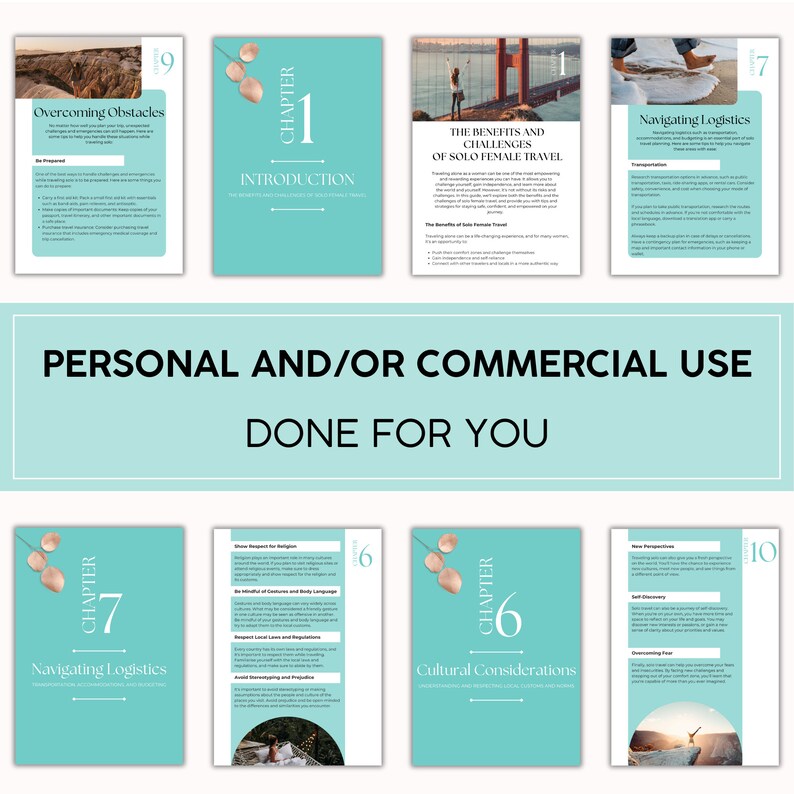 May include: A teal and white digital guide with the text "Personal and/or Commercial Use Done For You" and chapter titles such as "Overcoming Obstacles", "Navigating Logistics", "Cultural Considerations", and "Introduction".