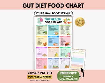 Gut Health Food Chart Poster, Anti-Inflammatory Meal Planner, Canva + PDF, PLR Resell Rights