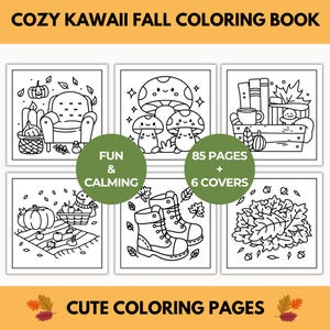 Op de afbeelding: Een zwart-wit kleurboek getiteld "COZY KAWAII FALL COLORING BOOK" met zes omslagontwerpen. De ontwerpen bevatten herfstthema-illustraties van pompoenen, paddenstoelen, laarzen en gezellige sc&egrave;nes. Het boek heeft 85 pagina's en wordt beschreven als leuk en rustgevend.