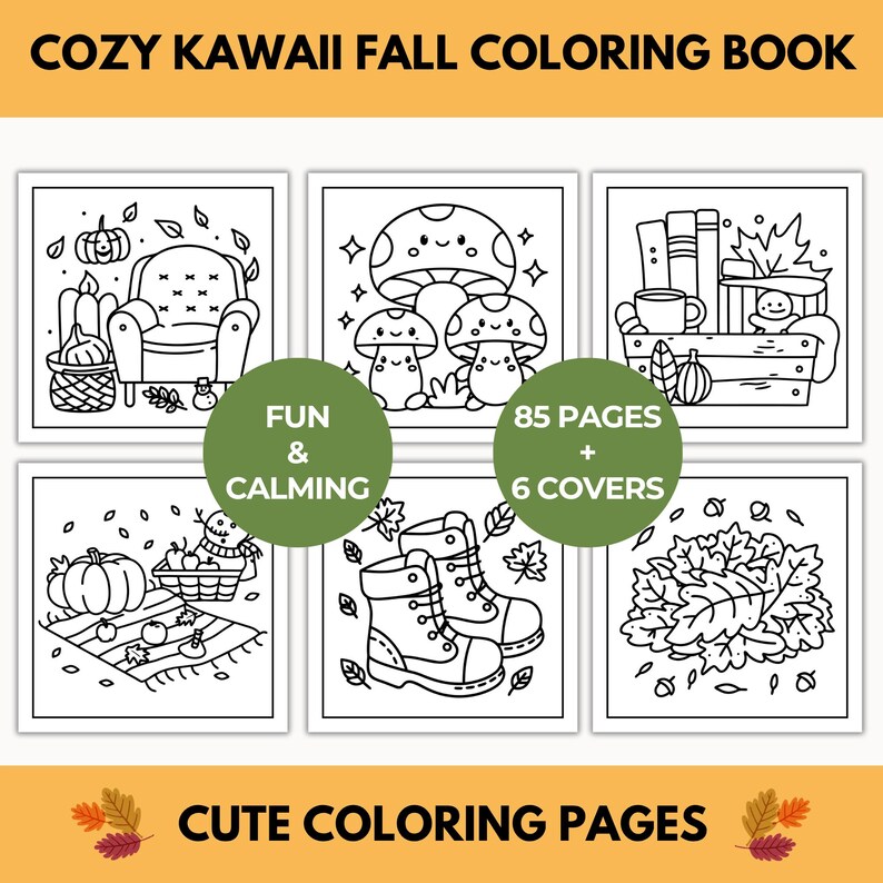 Op de afbeelding: Een zwart-wit kleurboek getiteld "COZY KAWAII FALL COLORING BOOK" met zes omslagontwerpen. De ontwerpen bevatten herfstthema-illustraties van pompoenen, paddenstoelen, laarzen en gezellige sc&egrave;nes. Het boek heeft 85 pagina's en wordt beschreven als leuk en rustgevend.