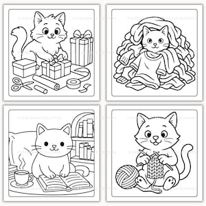 May include: Four black and white illustrations of cats. One cat is wrapping gifts, another is surrounded by laundry, a third is reading a book, and the last is knitting with yarn and needles.