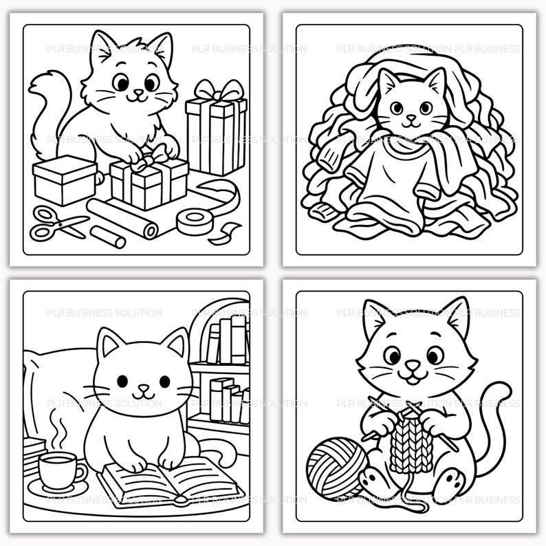 May include: Four black and white illustrations of cats. One cat is wrapping gifts, another is surrounded by laundry, a third is reading a book, and the last is knitting with yarn and needles.