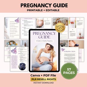 Graviditetsguide (e-bok), nyföddvårdsguide (guidebok), moderskapsbok (bok), Canva + PDF, digital produkt för PLR