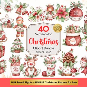 Puede incluir: Una colección digital de 40 elementos de imágenes prediseñadas navideñas en acuarela con iconos festivos como Santa, muñecos de nieve, renos, regalos y adornos. La etiqueta central dice 40 Watercolor Christmas Clipart Bundle 300 DPI, PNG.