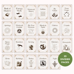 May include: A collection of 23 divider pages for a book, featuring various esoteric themes. Each card has a cream background with a decorative border and a title such as "Book of Shadow" and "Astrology", along with related illustrations. A green circle reads "23 DIVIDER PAGES".