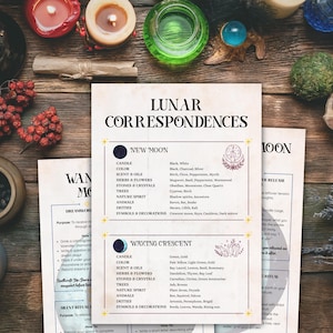 May include: An overhead shot of a wooden table with various items related to spirituality and witchcraft. The items include candles, crystals, and printed sheets with text about lunar correspondences and rituals.