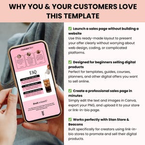 Peut inclure: Un smartphone affiche un mod&egrave;le de page de vente rose et blanc. L'&eacute;cran pr&eacute;sente des t&eacute;moignages clients, une section FAQ et un graphique d'une boisson vers&eacute;e. Le texte met en &eacute;vidence des fonctionnalit&eacute;s telles que la cr&eacute;ation de site web facile.