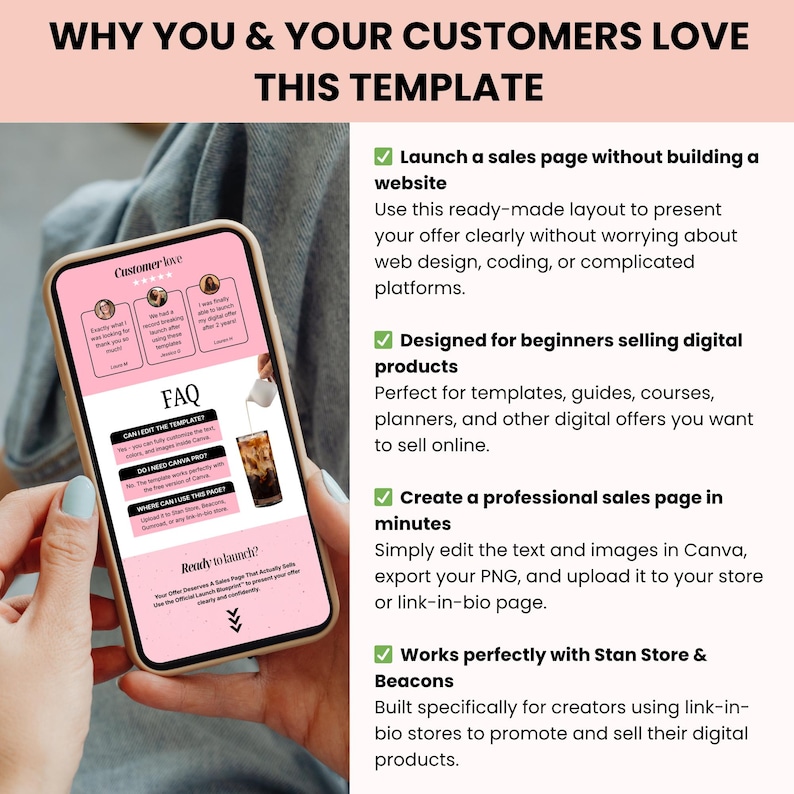 Peut inclure: Un smartphone affiche un mod&egrave;le de page de vente rose et blanc. L'&eacute;cran pr&eacute;sente des t&eacute;moignages clients, une section FAQ et un graphique d'une boisson vers&eacute;e. Le texte met en &eacute;vidence des fonctionnalit&eacute;s telles que la cr&eacute;ation de site web facile.