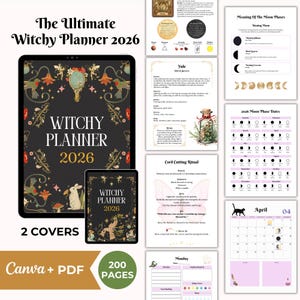 May include: A digital witchy planner for 2026, featuring two covers and 200 pages. The main planner is displayed on a tablet, with a smaller version next to it. The design includes floral and celestial elements, with the text "Witchy Planner 2026".