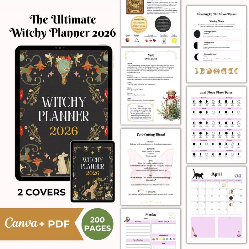 May include: A digital witchy planner for 2026, featuring two covers and 200 pages. The main planner is displayed on a tablet, with a smaller version next to it. The design includes floral and celestial elements, with the text "Witchy Planner 2026".
